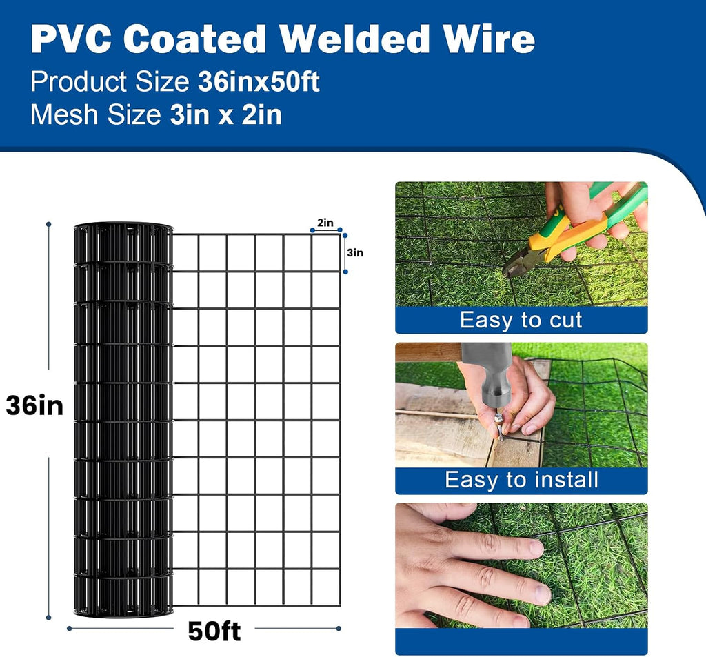 Welded Wire Fence,Black PVC Coated Welded Wire Fence (2×3 Inch Mesh, 36"×50' 16Gauge) Ideal for Garden, Pet Enclosure