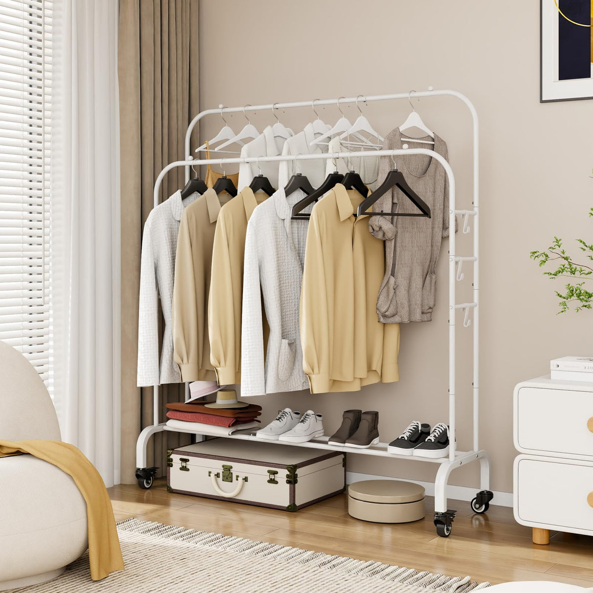 Clothes Rack with Lockable Wheels Double Rods Metal Garment Racks