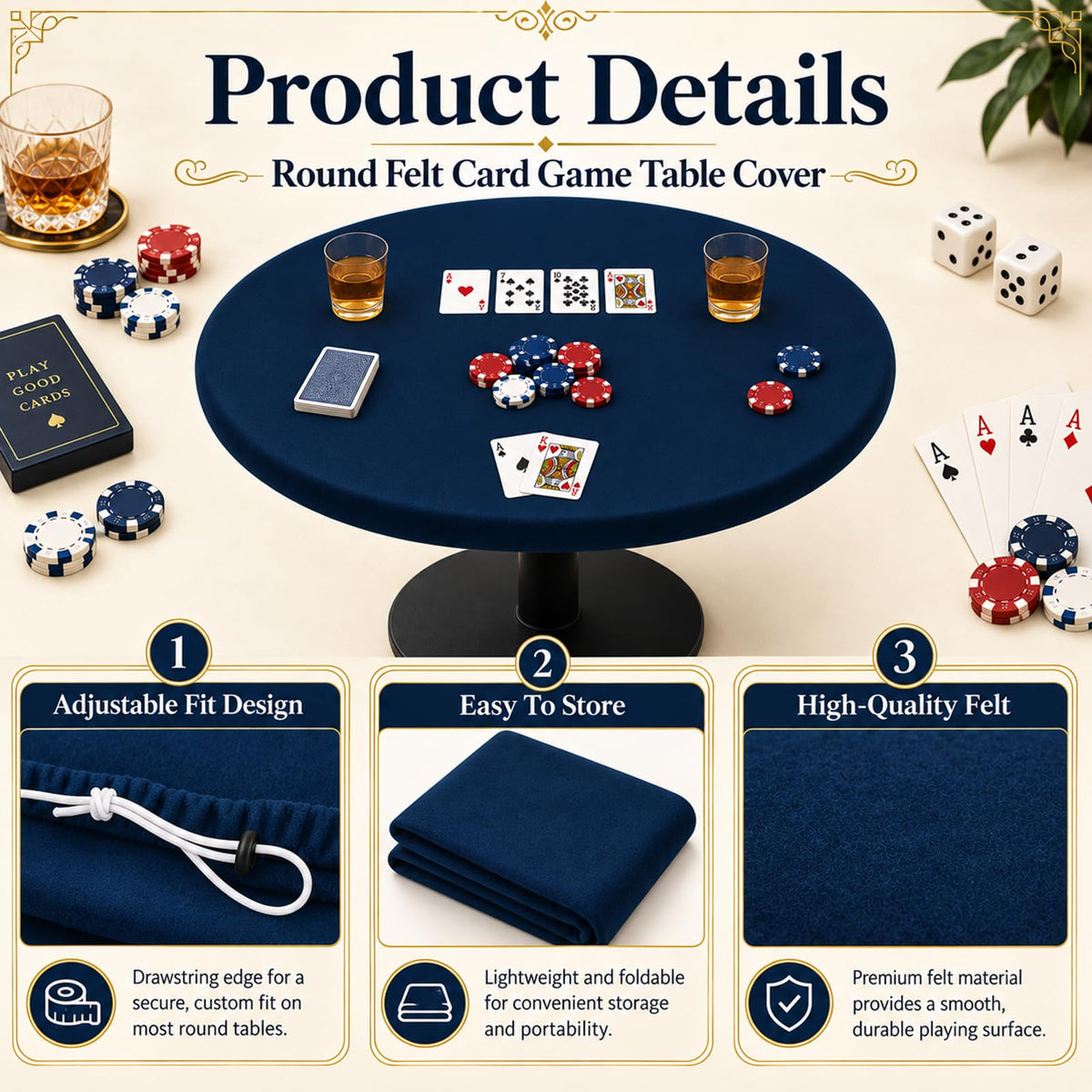 36 Inch Felt Card Game Tablecover Round Tablecloth,Blue