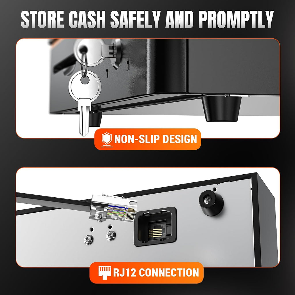 Cash Register Drawer 16 inch: 5 Bill 8 Coin Media Slot for POS, 405R | RJ-12, Metal Case Auto & Manual Open