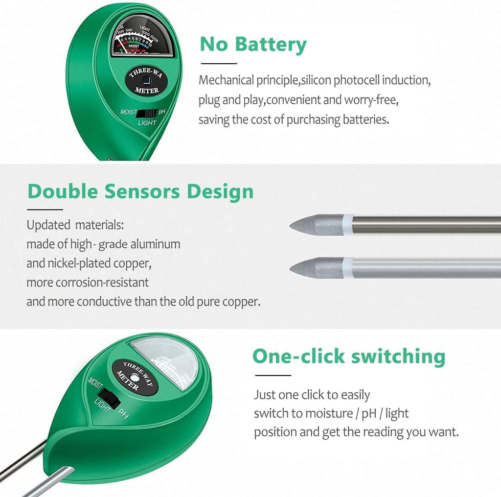 Soil Moisture Meter,3 in 1 Soil pH Tester,Soil Tester with Moisture,Light,and pH Test for