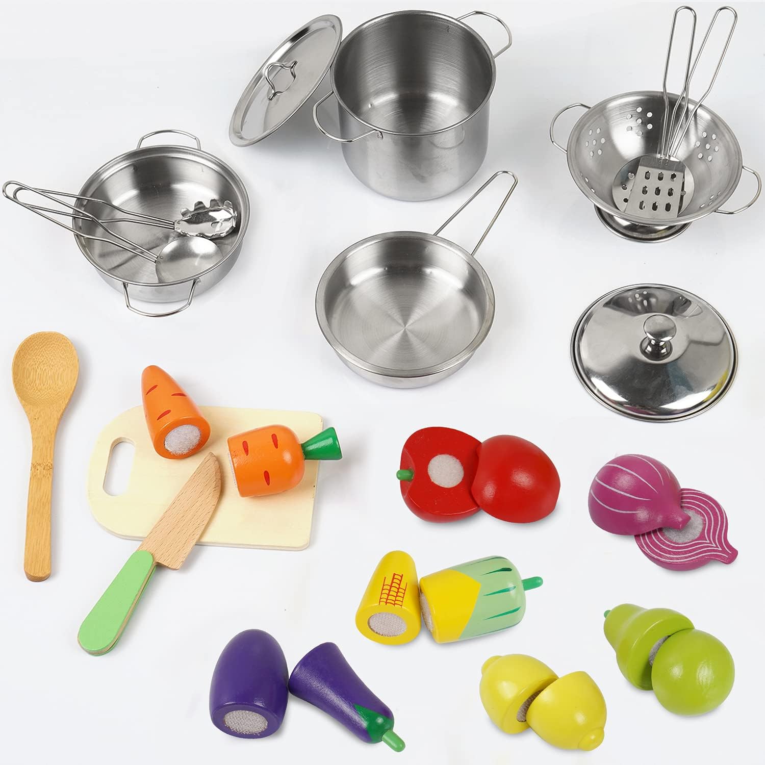 Play Kitchen Accessories, Wooden Play Food, Cooking Set with Stainless Steel Cookware Pots and Pans Utensils, Apron