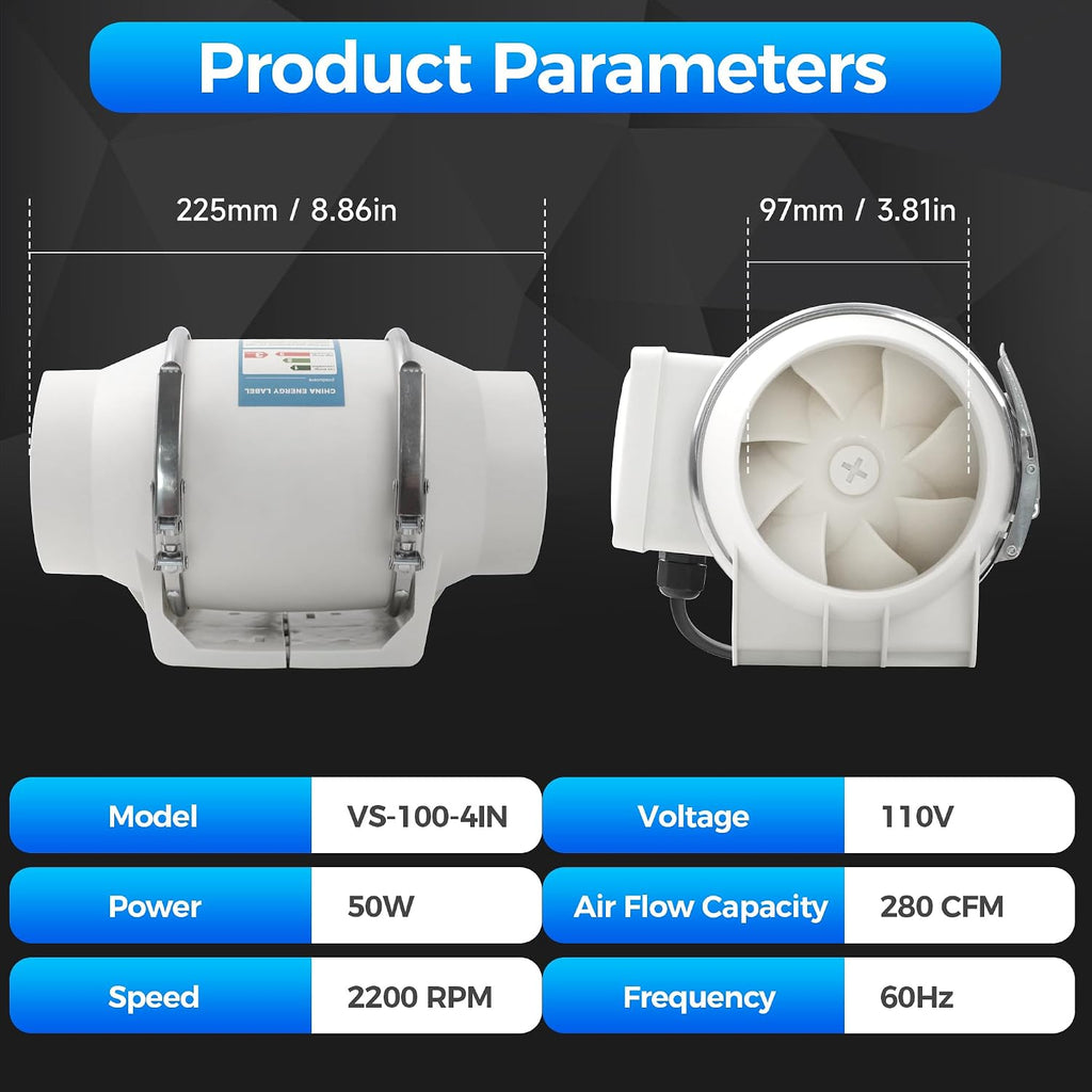 Voltset 4 Inch Duct Fan 280 CFM Inline Ventilation Exhaust Fan
