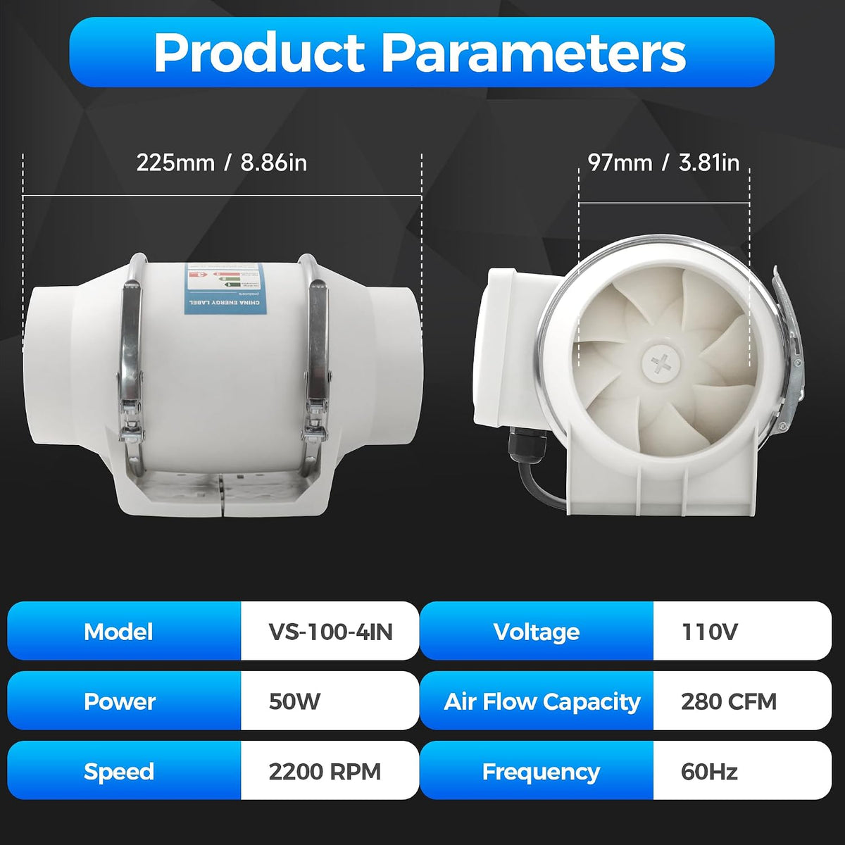 Voltset 4 Inch Duct Fan 280 CFM Inline Ventilation Exhaust Fan