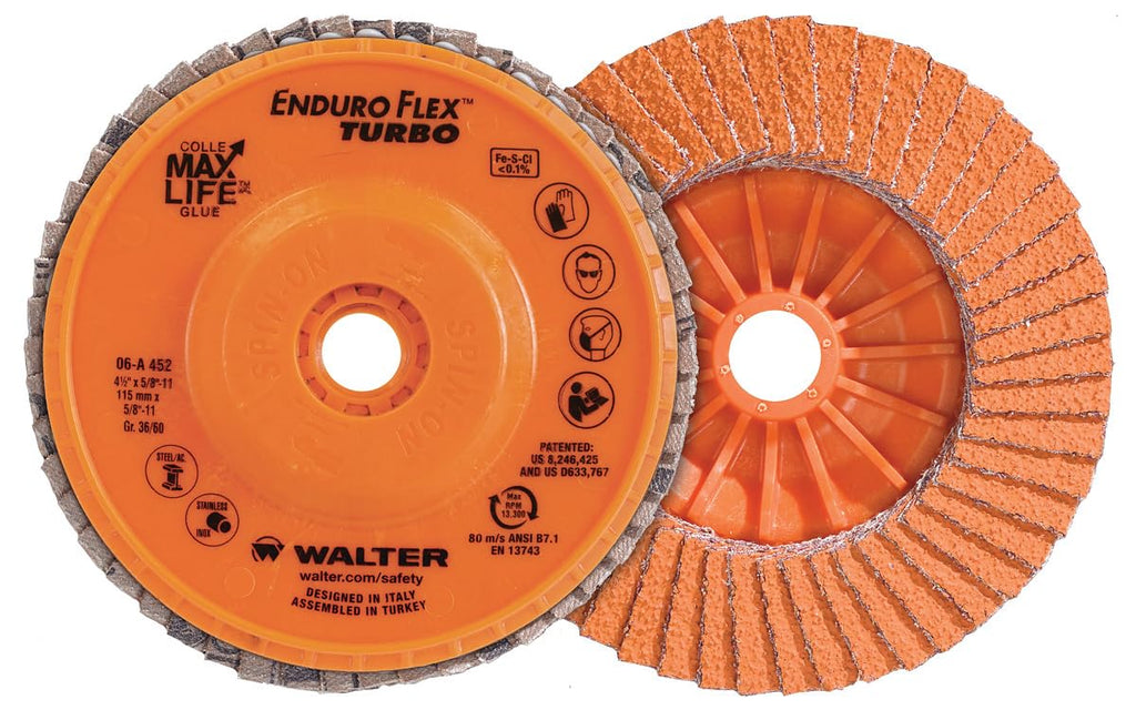 Walter Enduro-Flex Turbo Flap Disc, Ceramic Abrasive, 4.5" X 5/8"-11 Grit 36/60 Metal Hub, Pack of 10 (06A457)