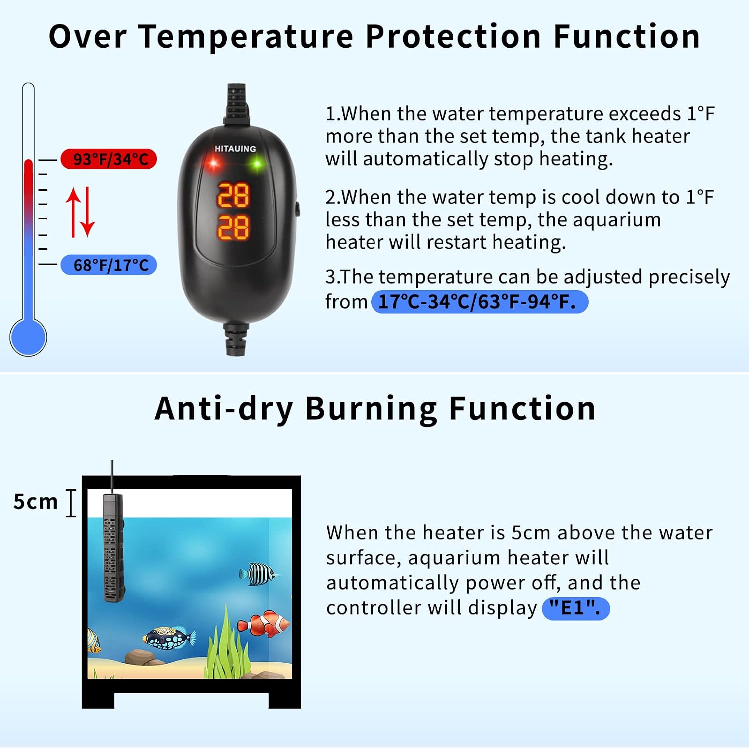 Aquarium Heater, 50W/100W/200W/300W/500W Submersible Fish Tank Heater with Over-Temperature Protection and Automatic