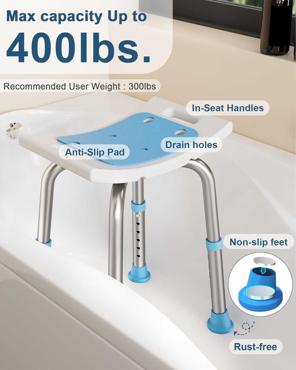 Shower Chair for Inside Shower, 400 lbs Adjustable Shower Stool with Suction Feet, Shower Seat for Inside Tub