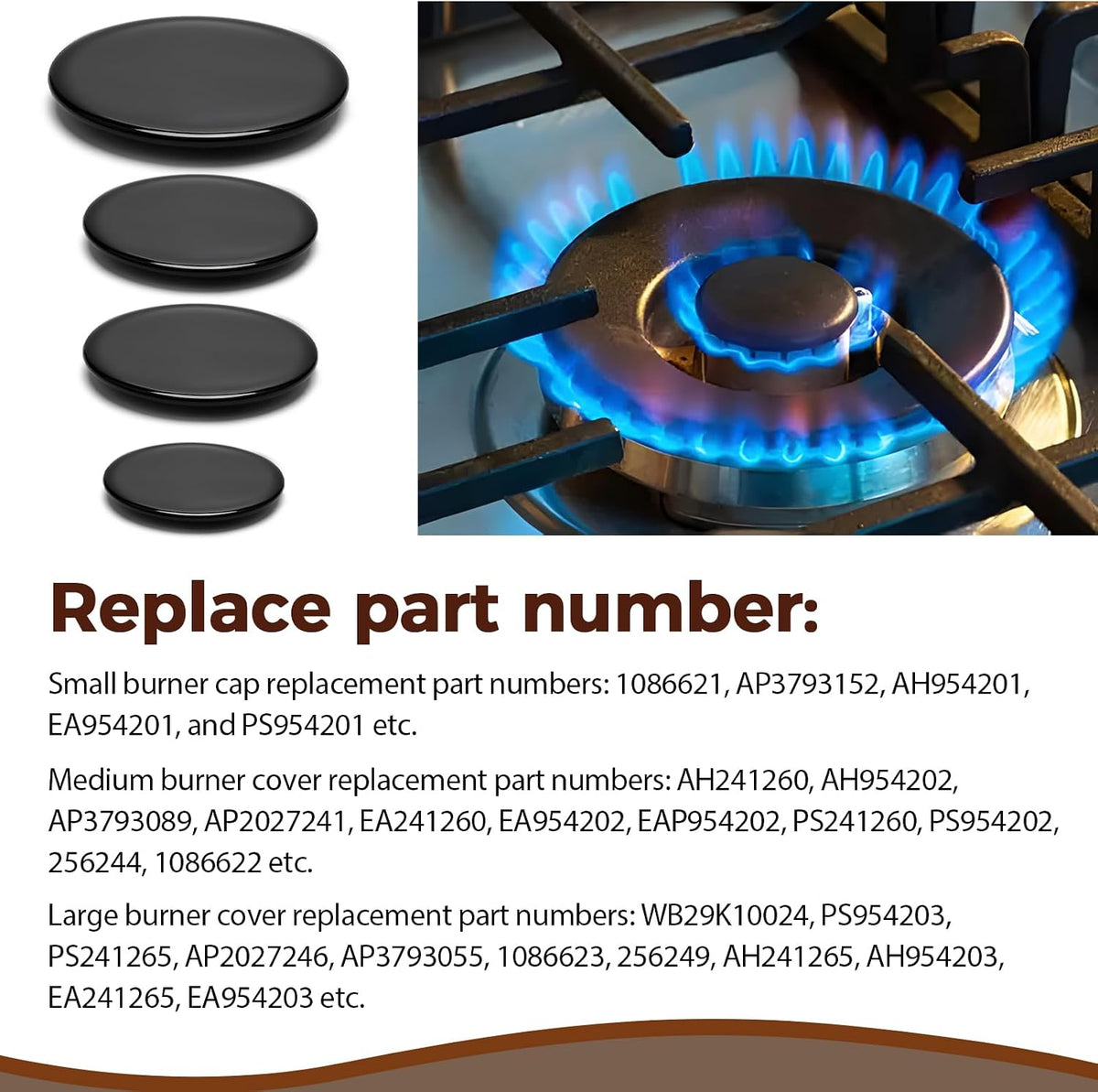4 Pcs Surface Burner Cap Set Compatible with GE Gas Stoves and Cooktops Includes WB29K10009-1 (2.6") WB29K10001-2 (3.2") WB29K10006-1 (3.5")