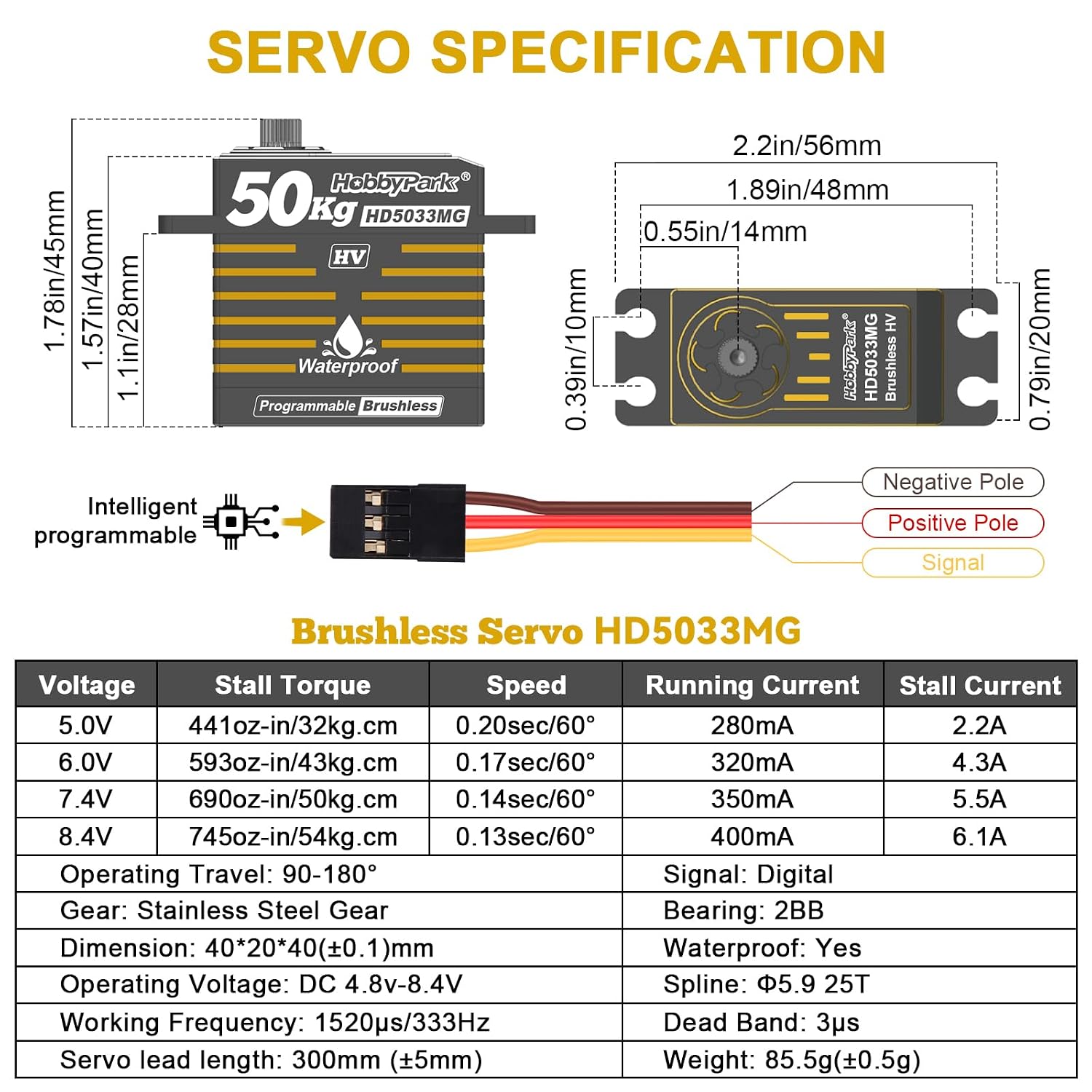 Waterproof 50KG High Torque RC Servo Brushless Motor 8.4V HV Servo Metal Gears Programmable for 1/7 1/8 1/10 1/12 RC