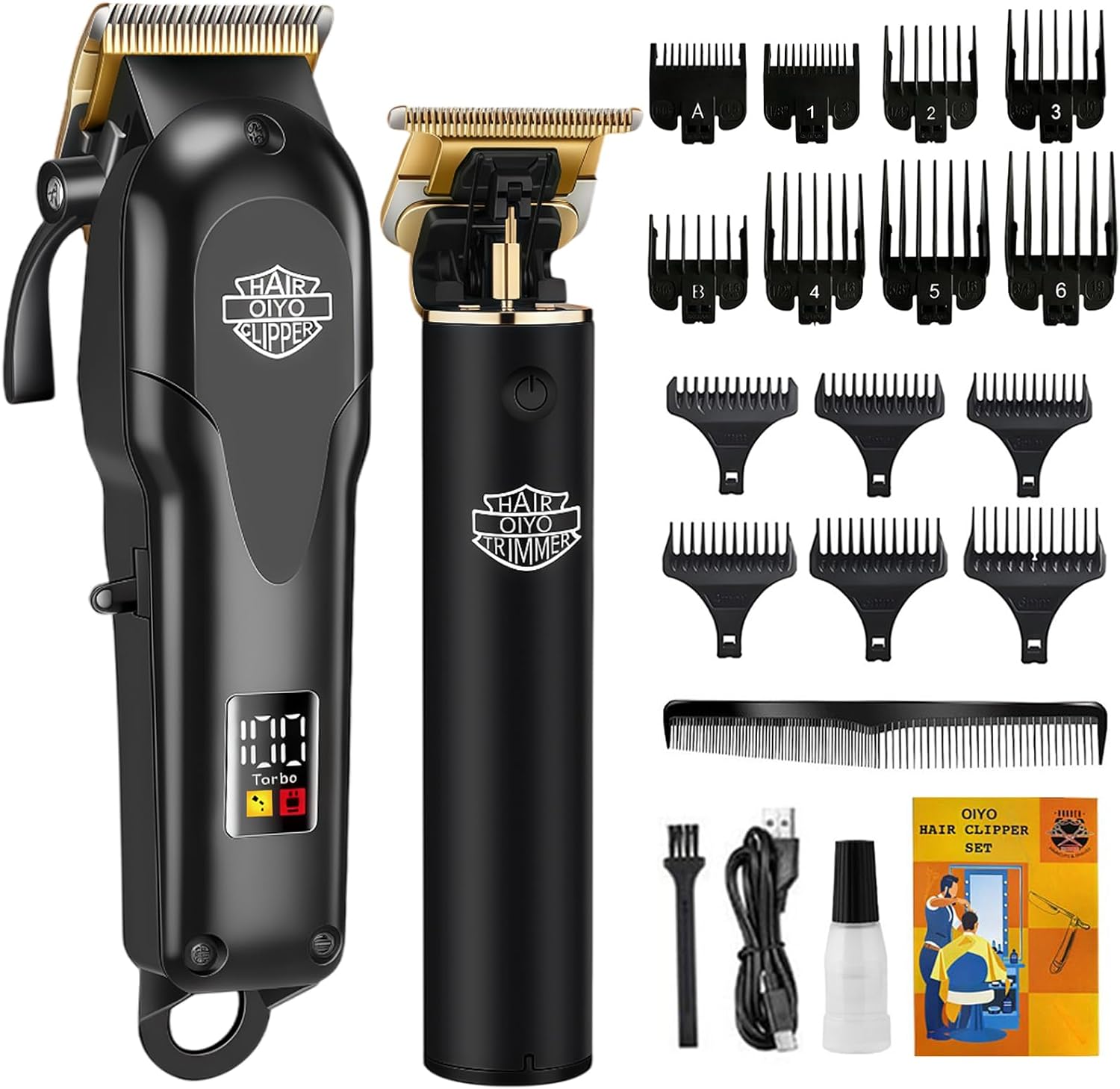 Hair Clippers for Men, Cordless Professional Beard Trimmer Set | Golden Stainless Steel Blades, 14 Guide