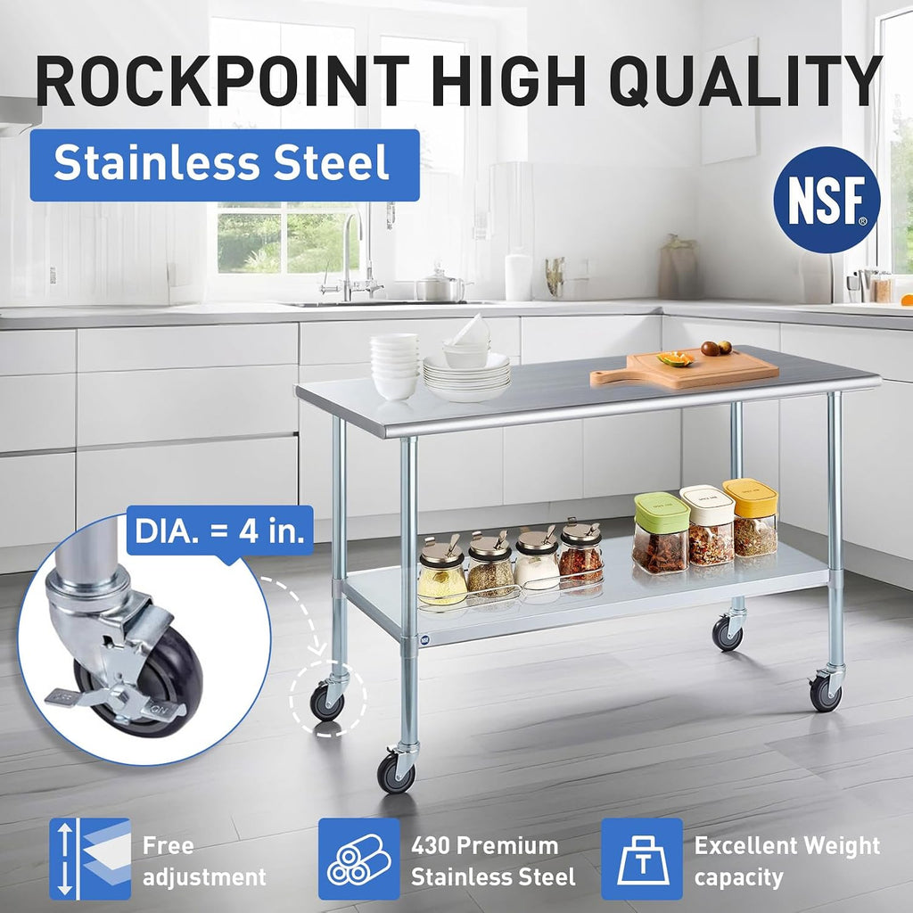 Stainless Steel Table for Prep & Work with Caster Wheels 24x48 Inches, NSF Metal Commercial Kitchen Heavy Duty Table
