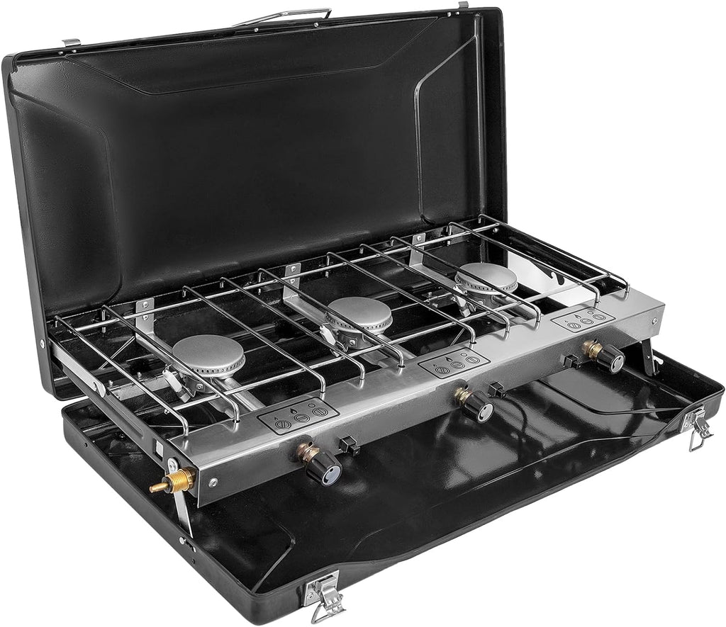 Camping Stove, Propane Portable Camp Stove, 19800BTU-3 Burners | With Regulator, Push-Button Instant Ignition