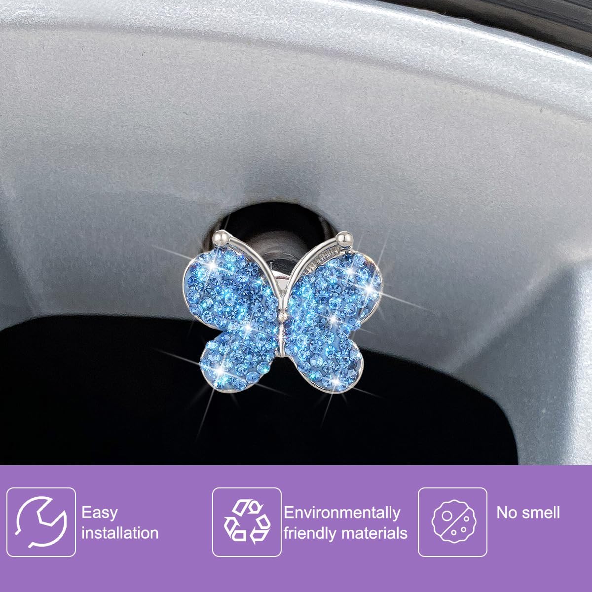 4PCS Bling Butterfly Rhinestone Tire Valve Stem Caps, Light Blue