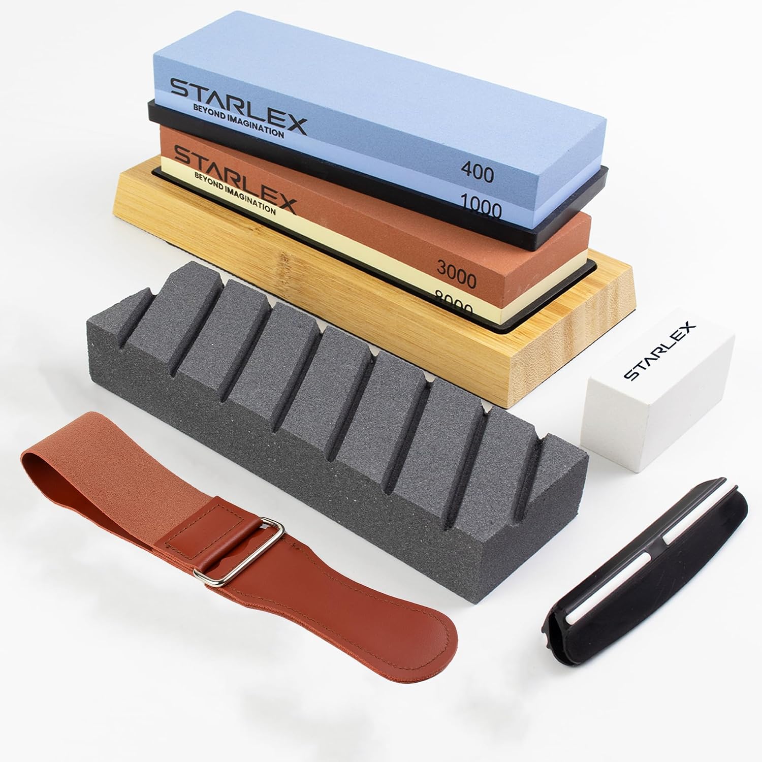 7 Piece Knife Sharpening Stone Set, Dual Grit Whetstone Kit, Angle Guide | 400/1000 & 3000/8000 grit with leather