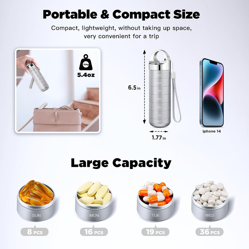 Metal Travel Pill Organizer, Portable Waterproof Weekly Pill Box, Large Aluminum Alloy Pill Case Container, BPA Free