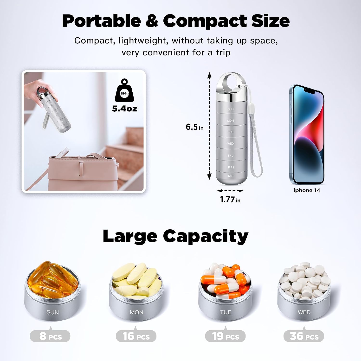 Metal Travel Pill Organizer, Portable Waterproof Weekly Pill Box, Large Aluminum Alloy Pill Case Container, BPA Free