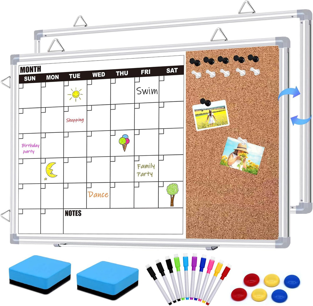 Calendar Whiteboard for Wall, 17" x 13" Double Sided Monthly Dry Erase Board Calendar for Office, Home, School