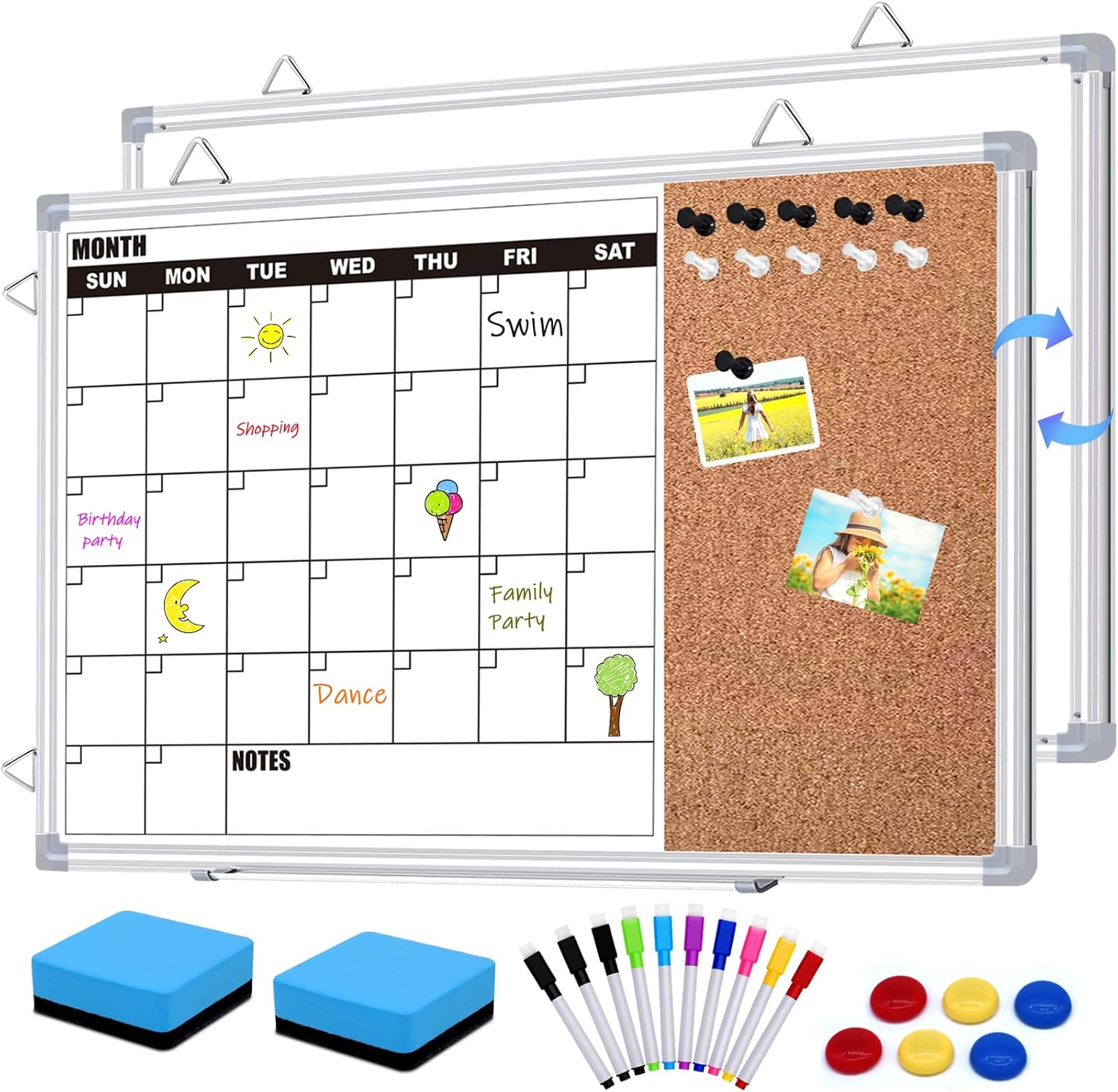 Calendar Whiteboard for Wall, 17" x 13" Double Sided Monthly Dry Erase Board Calendar for Office, Home, School