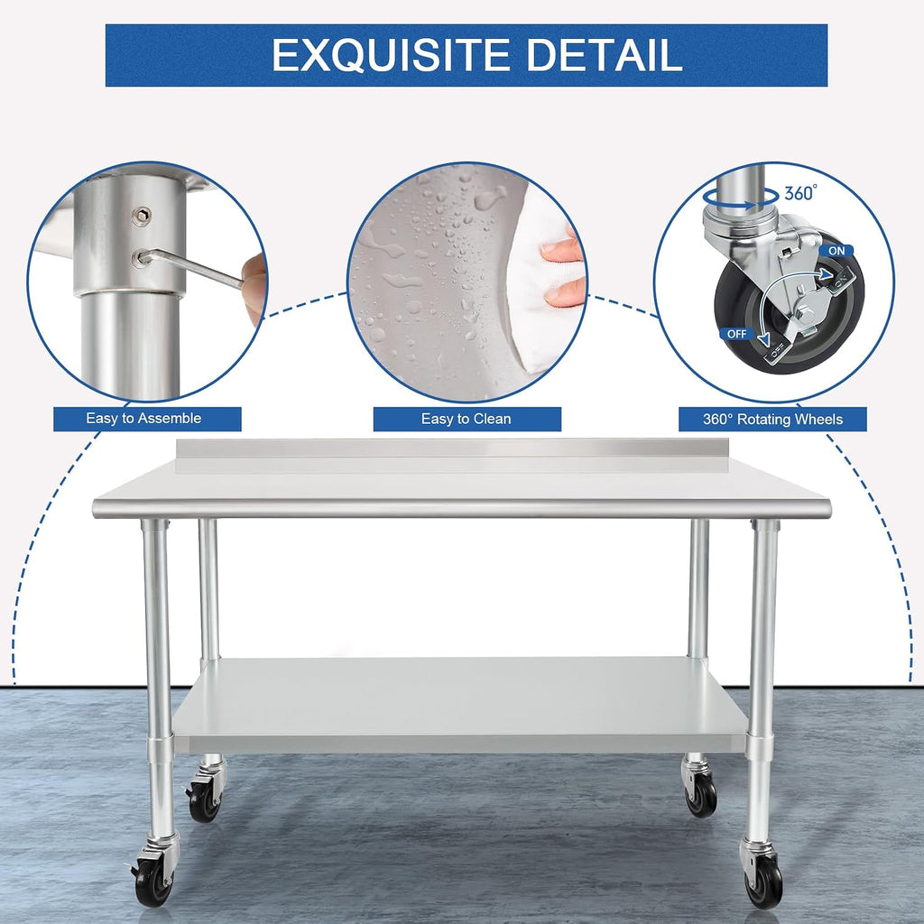 HARDURA Stainless Steel Table with Wheels 24X48 Inches, 2" Backsplash