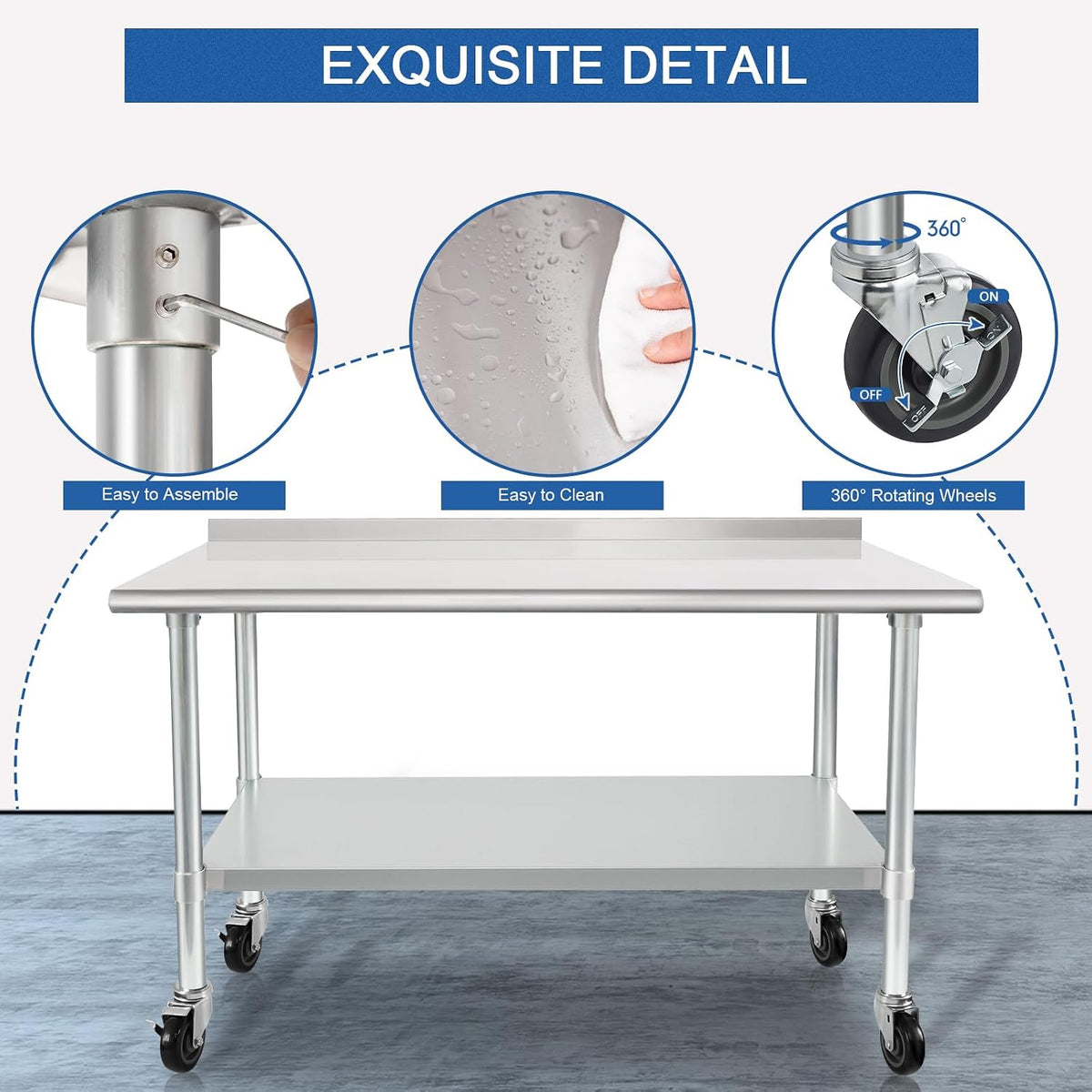 HARDURA Stainless Steel Table with Wheels 24X48 Inches, 2" Backsplash