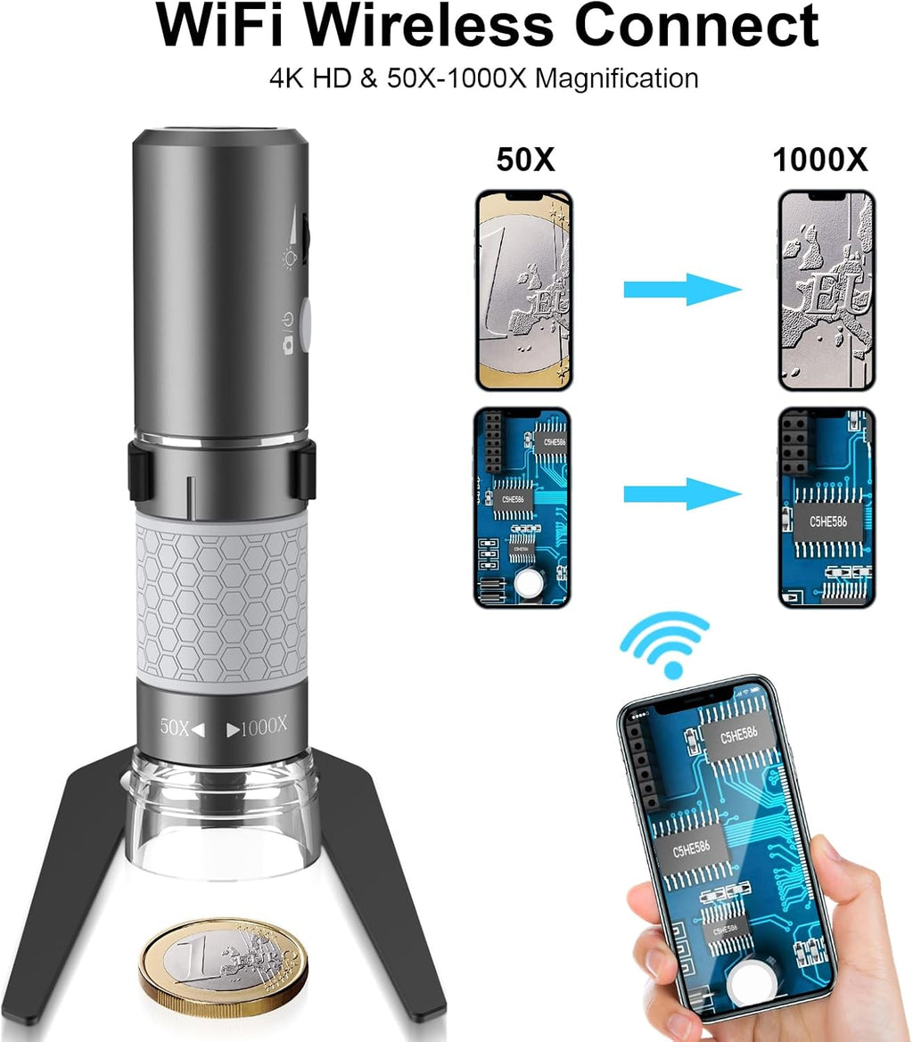 4K Digital Microscope for iPhone Android Phone and Windows Mac PC | 3840x2160p Wireless Handheld Microscope Camera