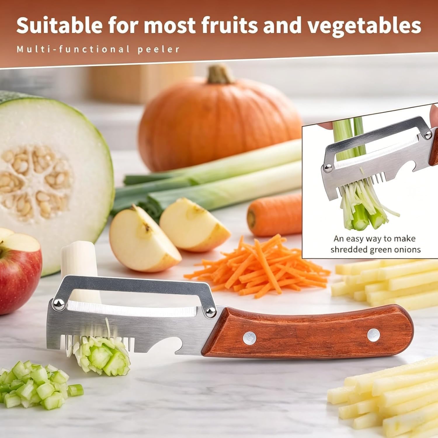 2026 Upgrade Multi-Functional Vegetable Peeler, 3 in 1 Multi Functional Wooden Handle Peeler and Bottle Opener