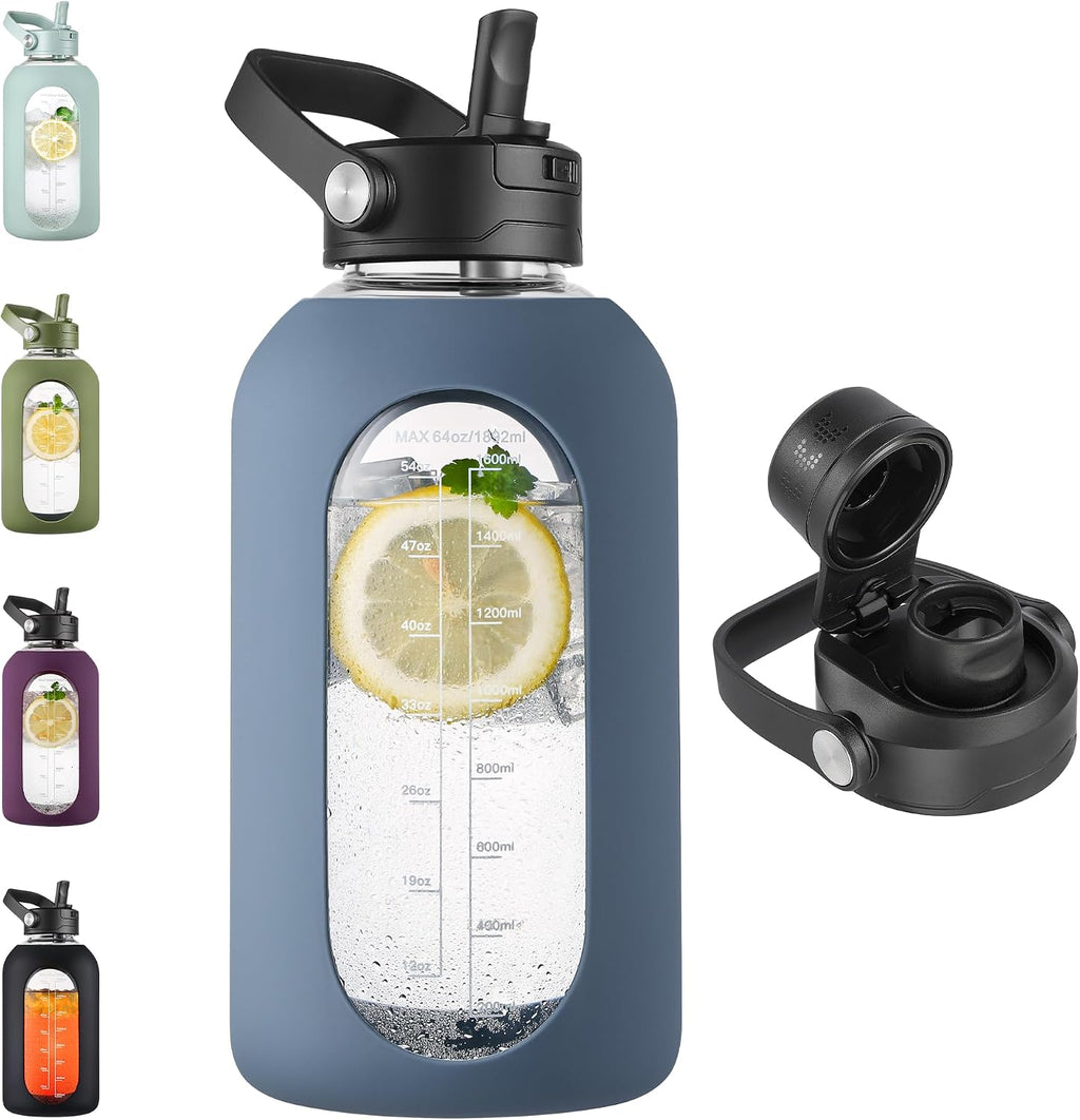 64 oz Glass Water Bottle Jug with Detachable Straw and Time Maker | Half Gallon Motivational Large Flask Cup with