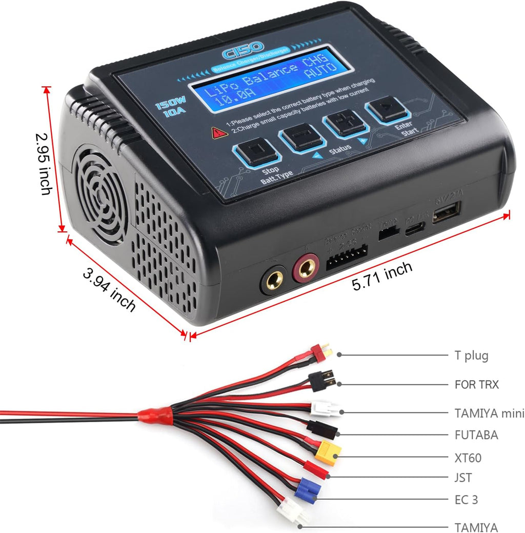 Lipo Battery Charger, 1-6S Balance Charger Discharge 150W 10A AC/DC for Li-Po Li-Hv Ion Fe NiMH NiCd Pb Hobby