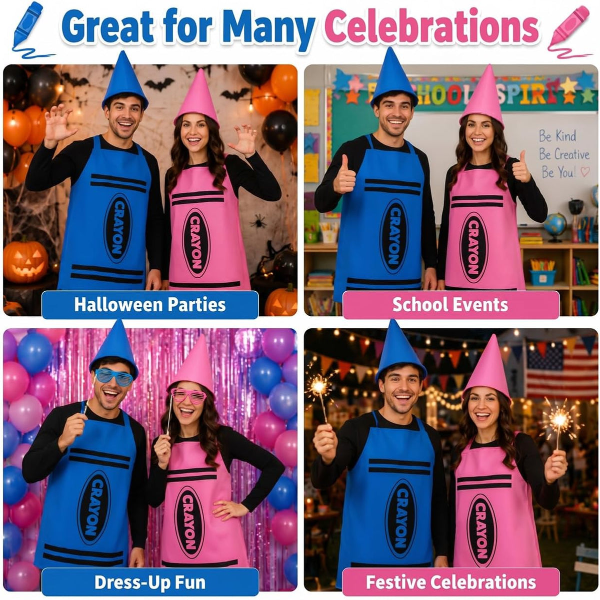Crayon Costume Set for Adults - School Halloween Dress Up Outfit | Polyester Crayon Outfit with Apron and Cone Hat