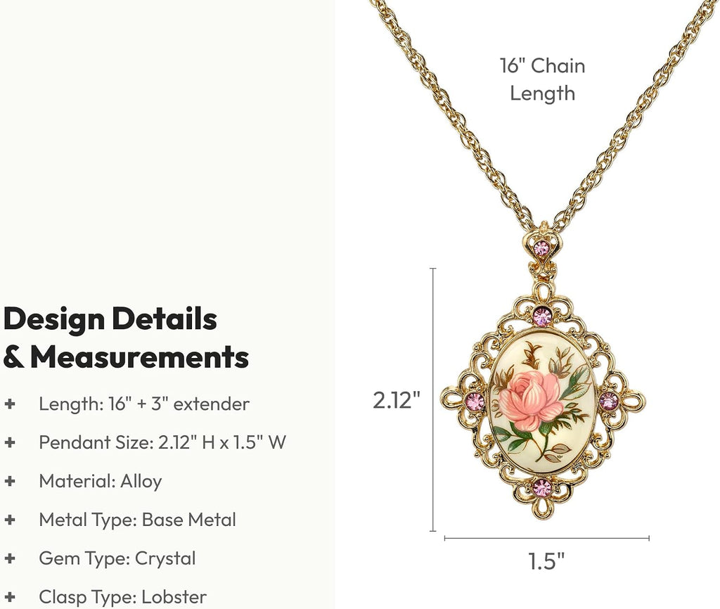1928 Jewelry 14K Gold Dipped Ivory Color Floral Decal Pink Crystal Accent Pendant Necklace For Women 16" + 3" Extender