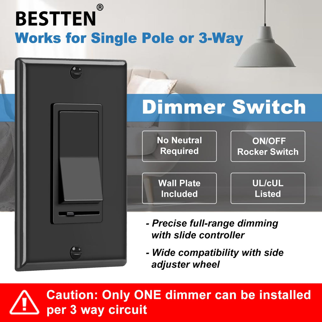 BESTTEN 2PK Dimmer Light Switch, Single Pole or 3-Way, Wallplate Included