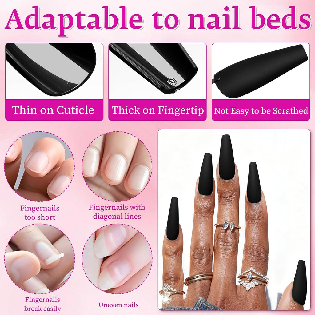 120pc Black Press on Nails Long Fake Nails-Coffin Glue on Nails Press ons