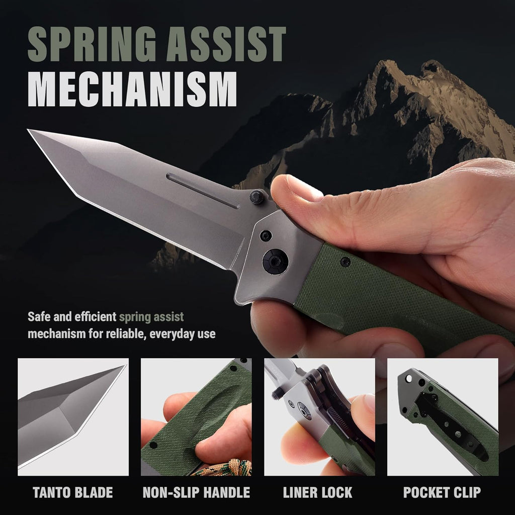 Spring Assisted Heavy Duty Pocket Knife for Men - 3.5" Tanto Sharp Blade - Folding Tactical Self Defense Japanese
