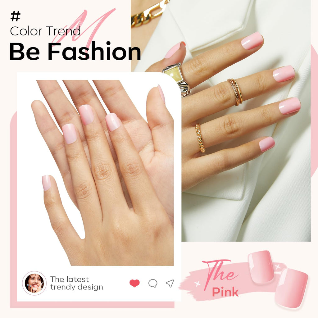 Pink Press on Nails Short Square, 32Pcs 16 Sizes Fake Nails