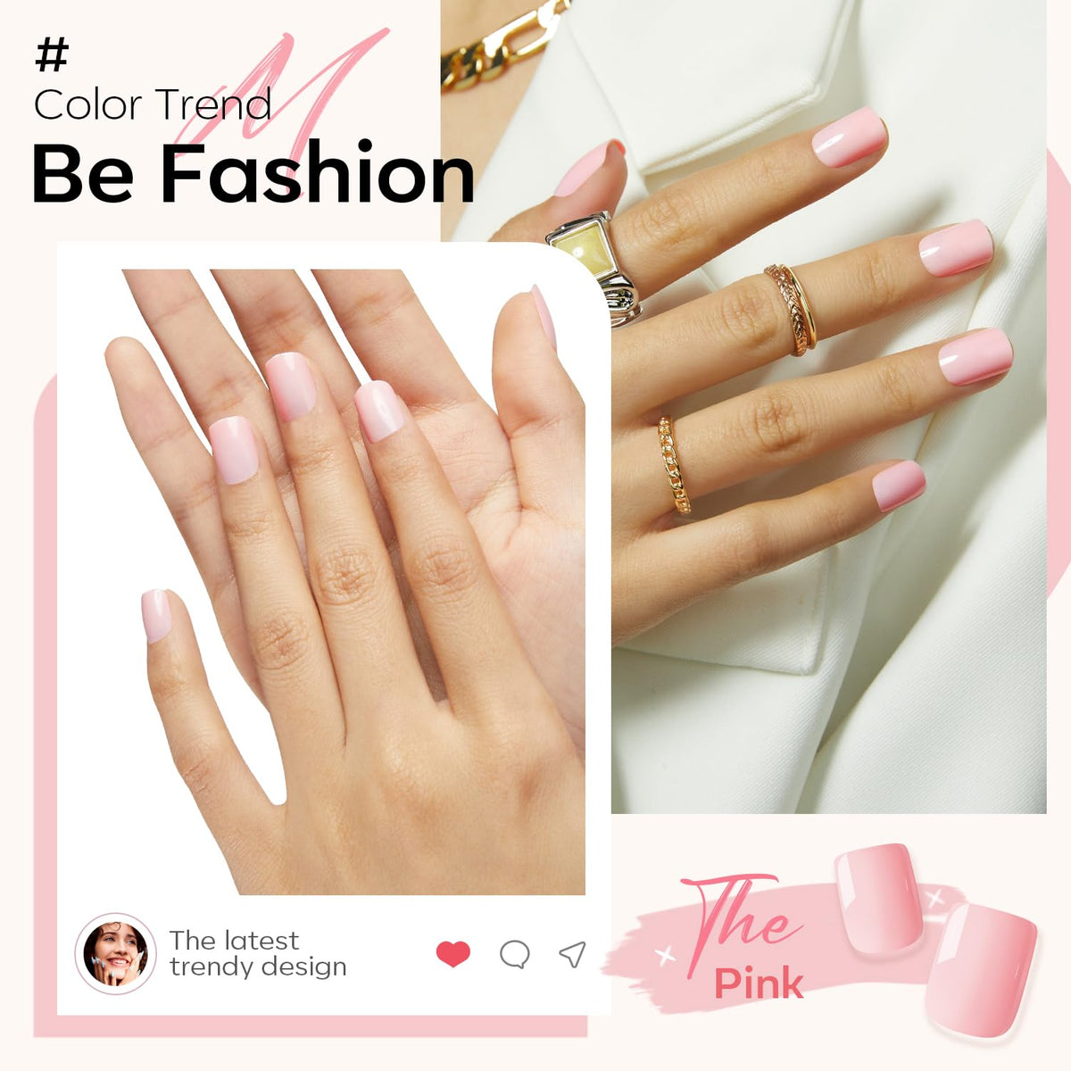 Pink Press on Nails Short Square, 32Pcs 16 Sizes Fake Nails