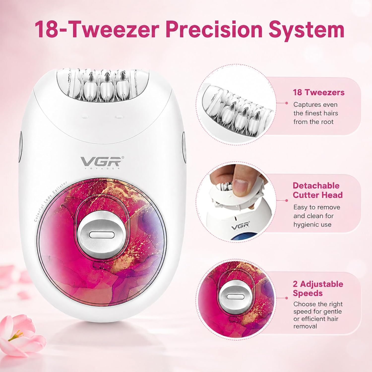 706 Epilator for Women with 18-Tweezer, Full-Body Hair Removal, Red | 2-Speed, Gentle Operation Silent Design, 700mAh