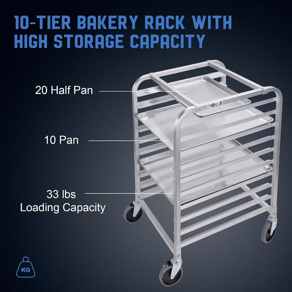 10-Tier Bun Pan Rack, Aluminum Sheet Pan Bakers Rack with Wheels