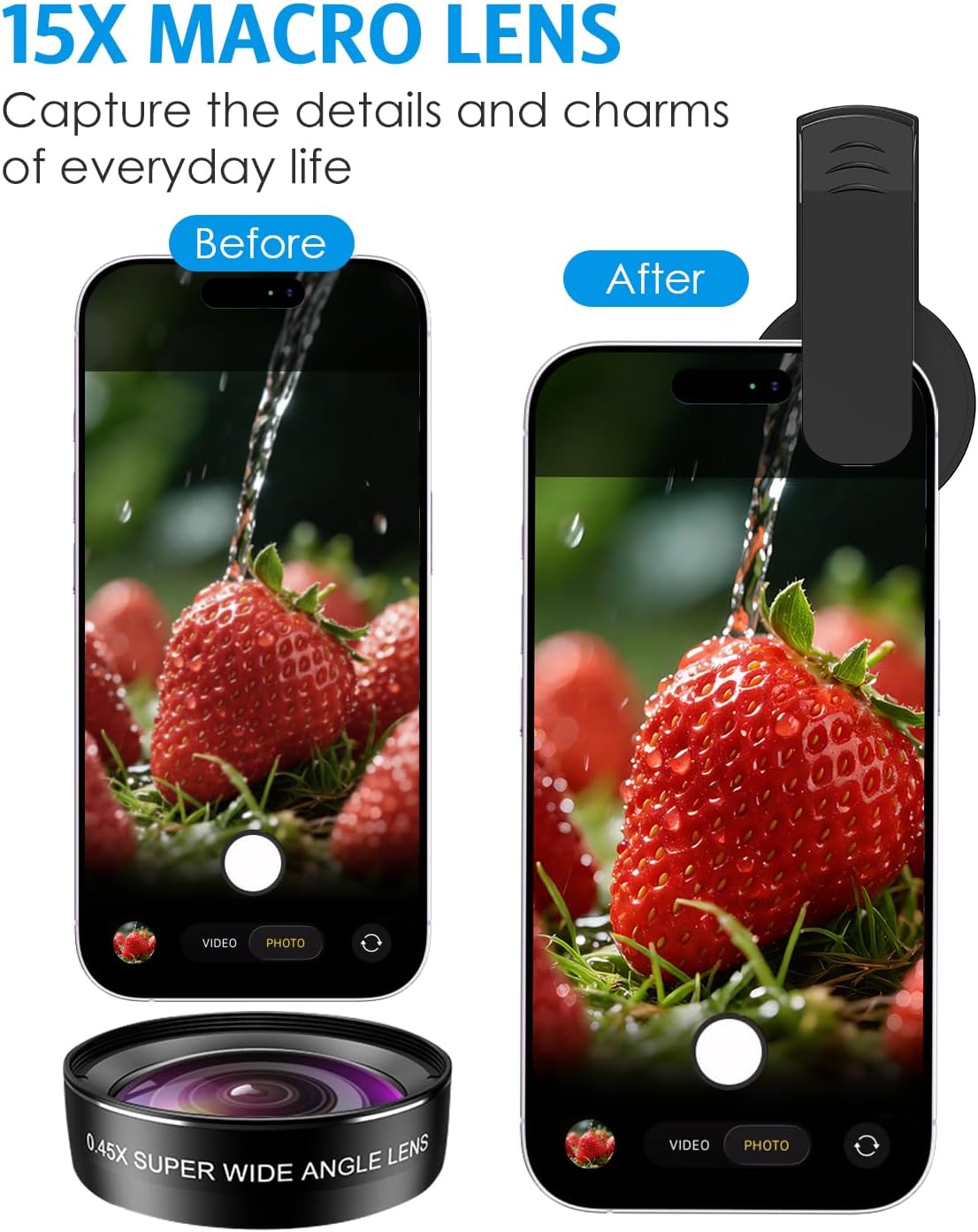 Phone Camera Lens, 0.45X Super Wide Angle & 15X Macro Lens Kit | Clip-On, Professional Lens Kit, for iPhone, Samsung