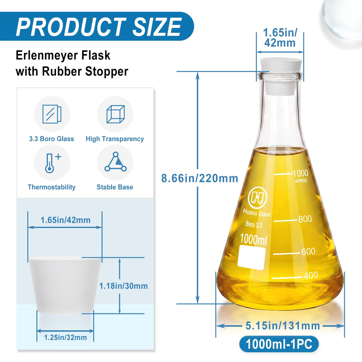 1000ml Glass Erlenmeyer Flask with Rubber Stopper