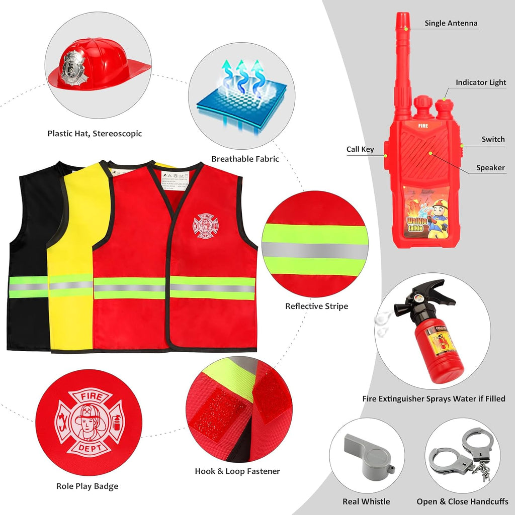 Boys Dress up Trunk Costumes Set,15pcs Pretend Role Play Set Fireman, Police, Construction Worker Costume with