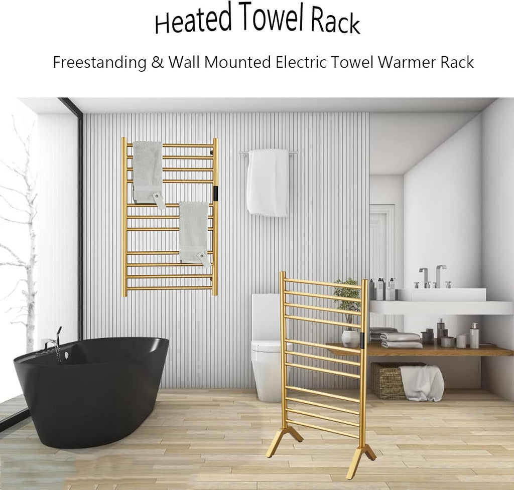 Electric Towel Warmers Radiator with Timer Gold, 140W Wall-Mounted & Freestanding Heated Towel Drying Rack with 11