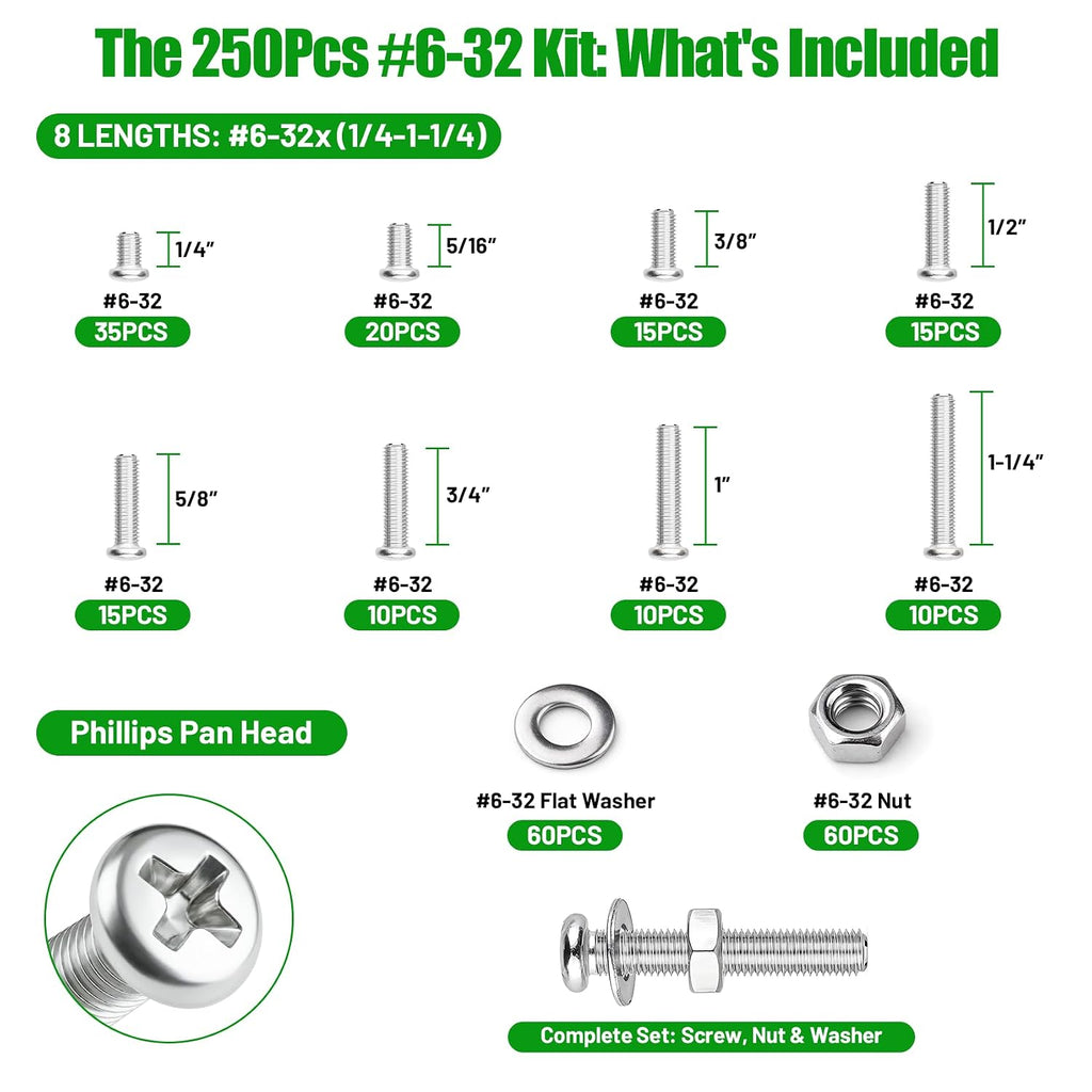 250 Pcs #6-32 Pan Head Machine Screws Nut Washer Bolt Kit,304 SS