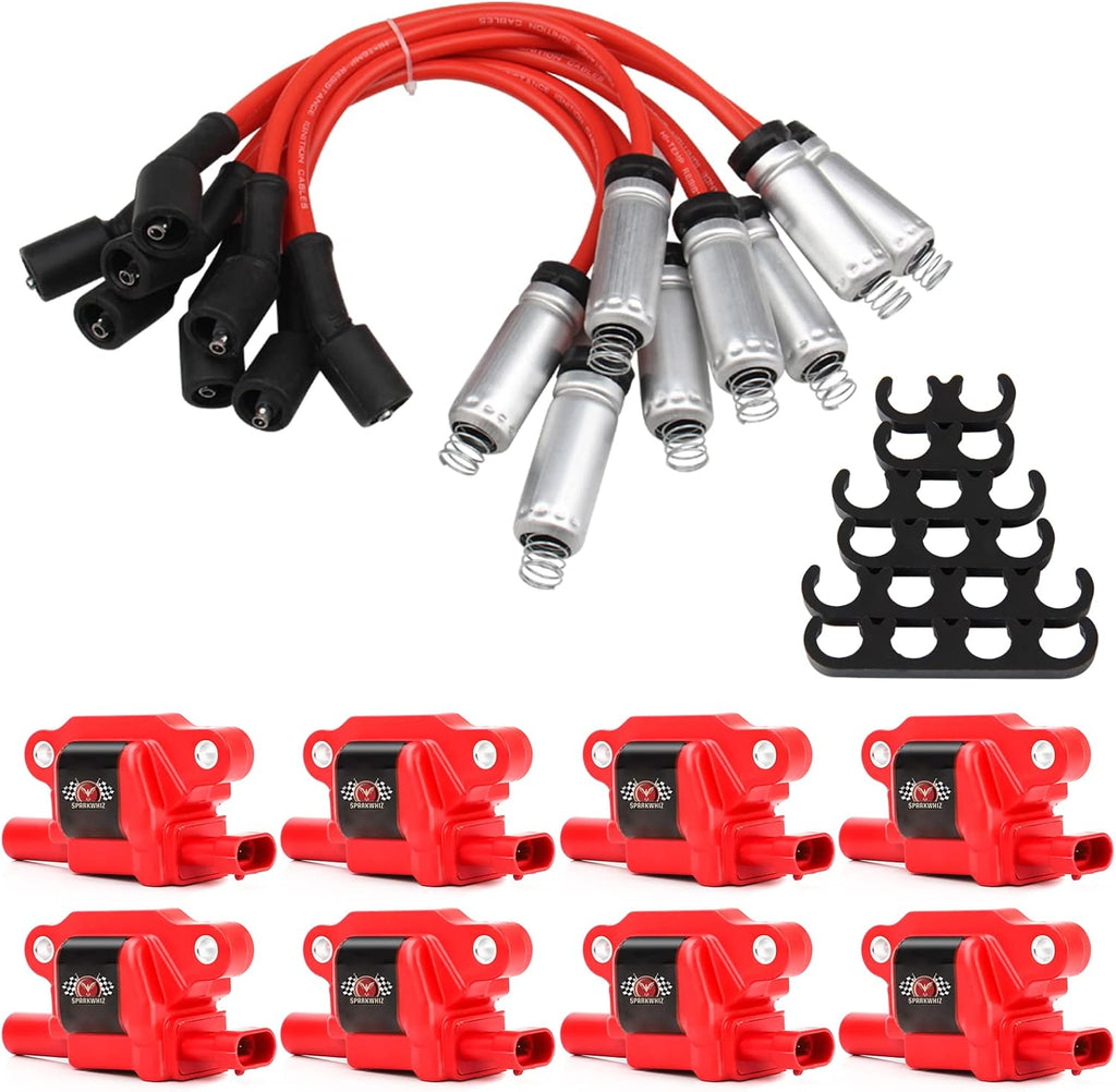 UF413 Square Ignition Coils with 8mm 748UU Spark Plug Wires, Set of 8 | Compatible with Chevy Silverado 1500 GMC