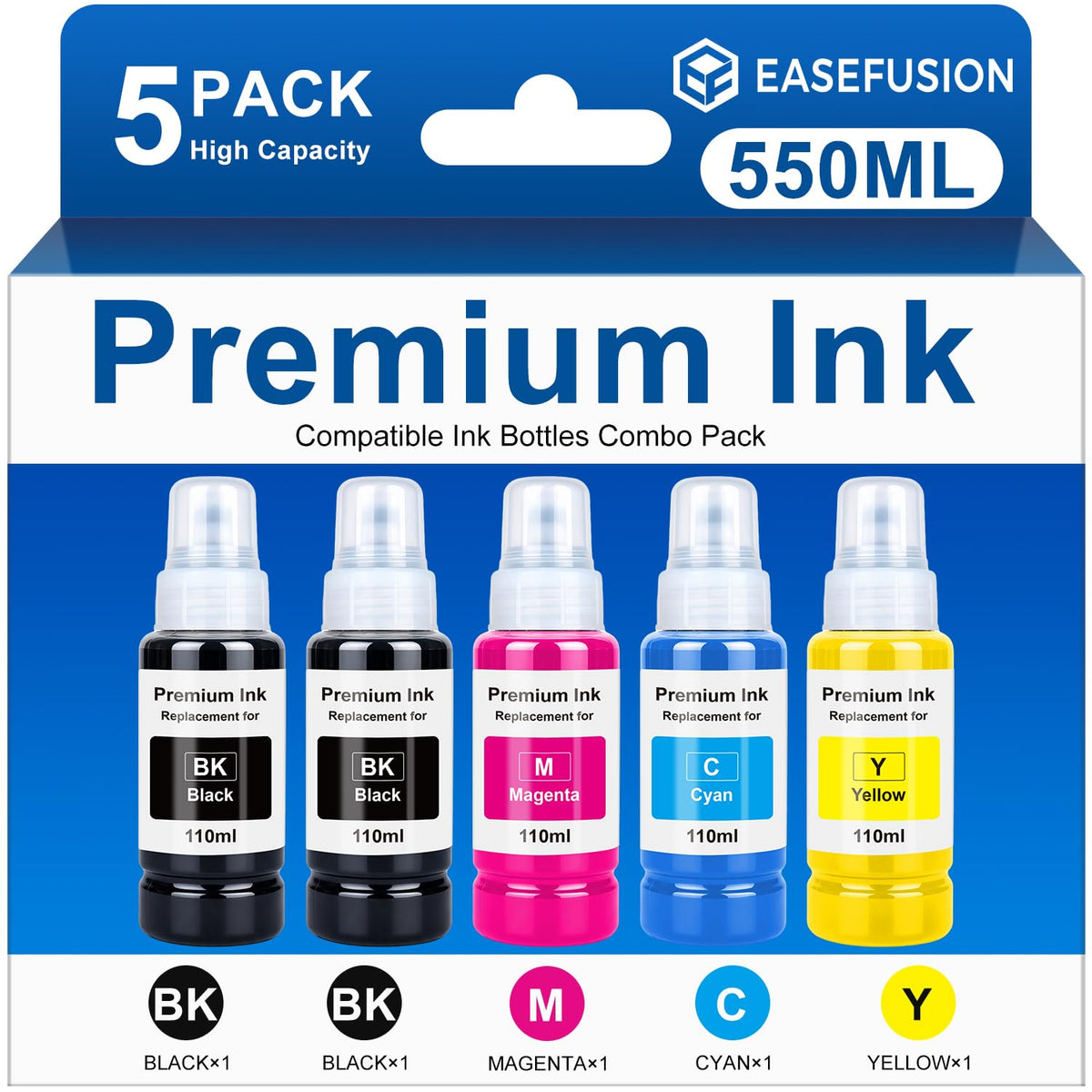 Compatible Ink Bottle Replacement for Epson 522 Ink, 5 Bottles