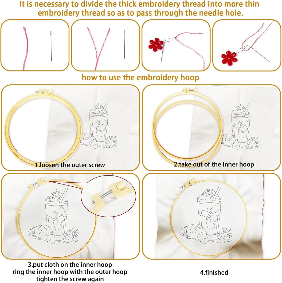 4 Set Strawberry Embroidery Kit with Hoops for Adult Beginners | Food/Drink Needlepoint Craft Kits Complete DIY