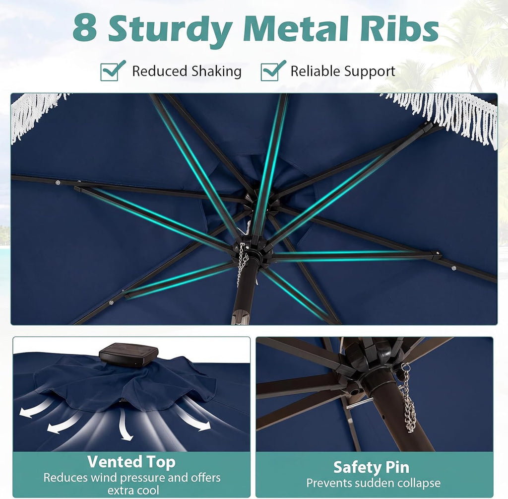 10 FT Solar Patio Umbrella with 24 LED Lights, Market Table Umbrella w/Fringe, Push Button Tilt, Crank Handle, 8