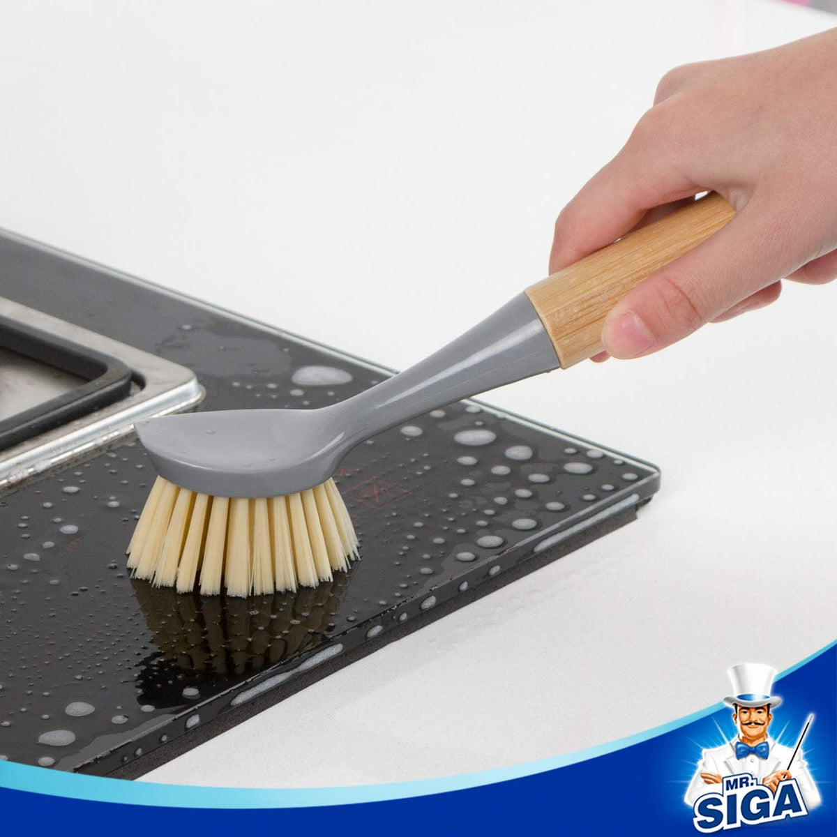 Dish Brush with Bamboo Handle Built-in Scraper, Pack of 2