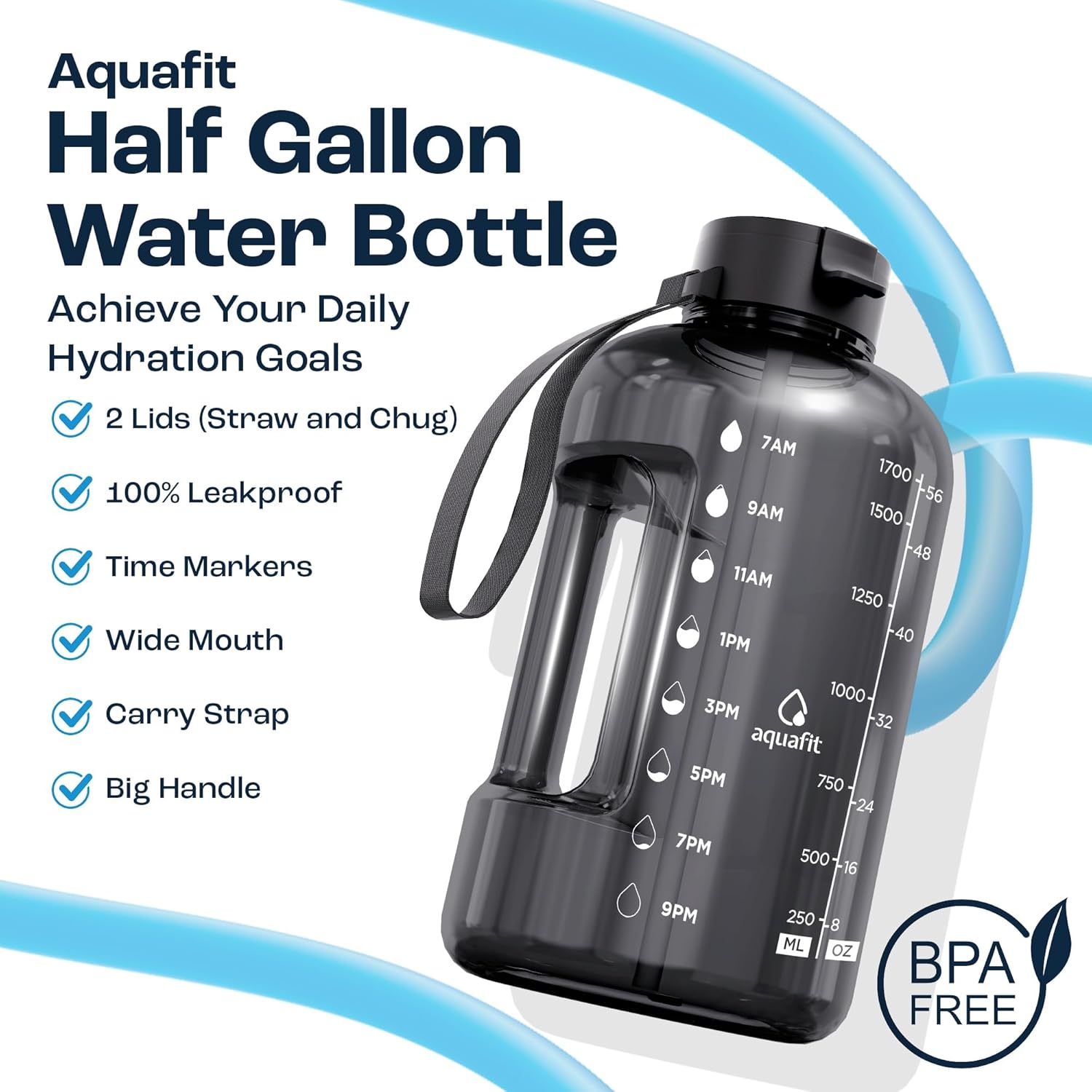 Half Gallon Water Bottle with Time Marker | BPA Free Half Gallon Water Bottle with Straw and Chug Lids - Leakproof