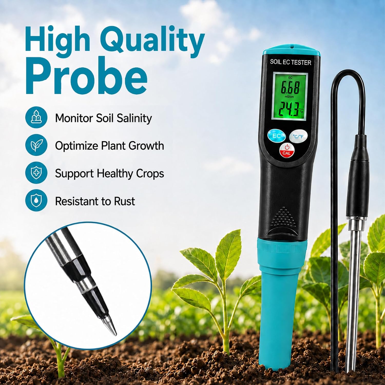 Digital Soil EC Meter 2-in-1 Porfessional Plants EC Temperature Tester Meter with Corded Sensor, Backlight LCD