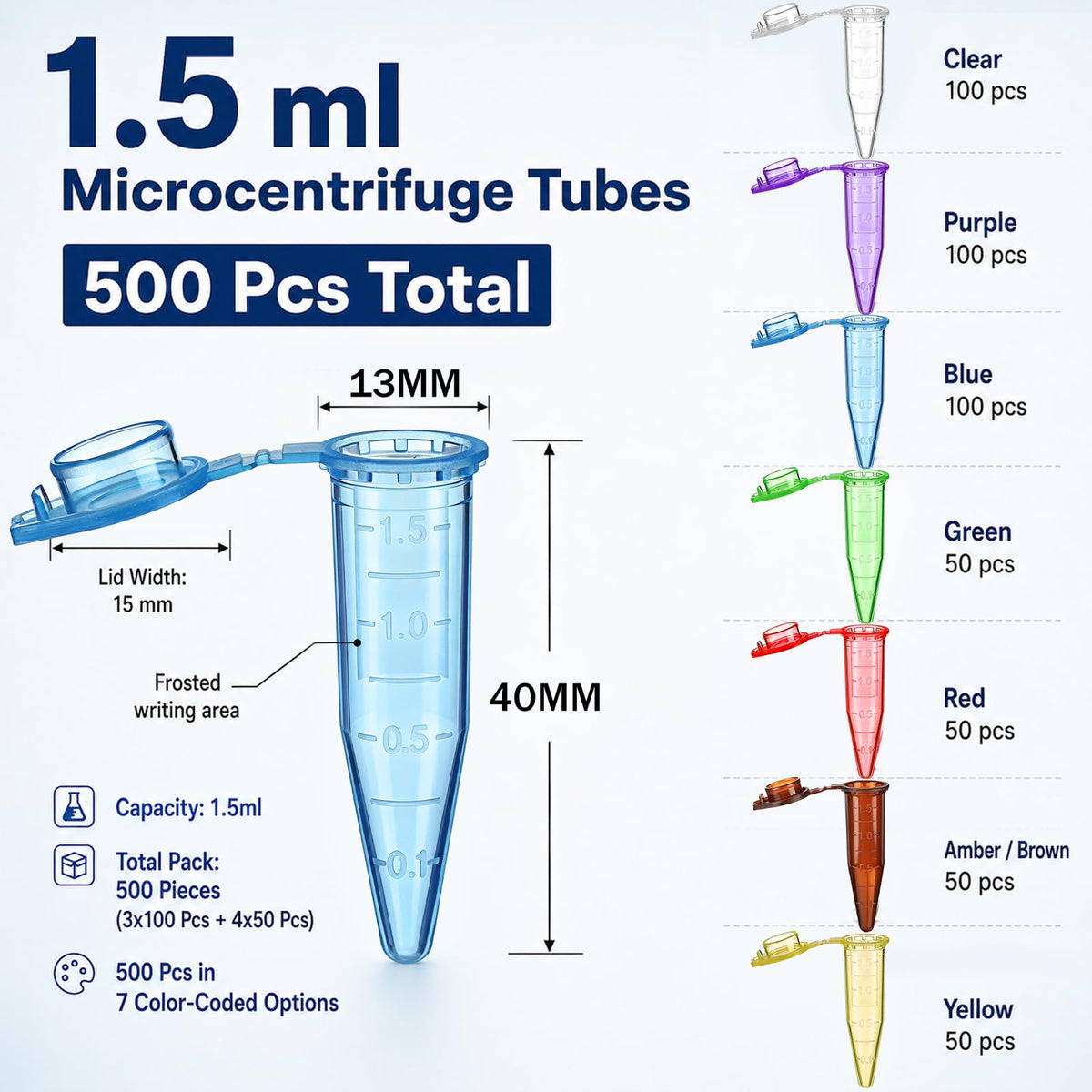 500 Pcs 1.5ml Snap Cap Microcentrifuge Tube with Graduation Heat
